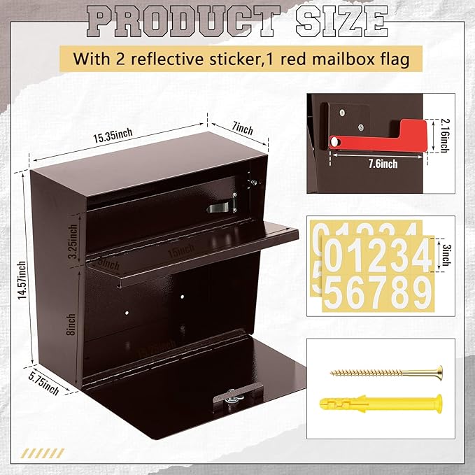 Extra Large Wall Mount Mailboxes for Outside 15.35 x 15 x 7 Inches Locking Security Mail Box Galvanized Steel Wall Mailbox Large Capacity Post Box with Key Lock and Reflective Stickers(Brown)