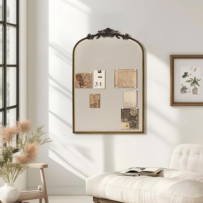 Arch Fabric Pinboard, Antique Gold Bulletin Boards 24"x36", Vintage Cork Board with Ornate Iron Frame for Wall Unique Display, Organization and Decor Options