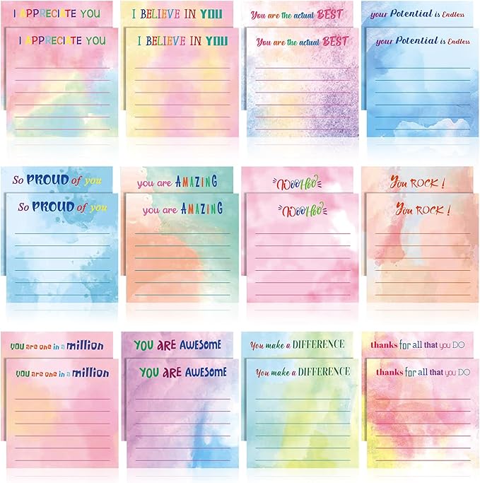 Yinder 24 Pcs Inspirational Sticky Notes with Lines Cute Motivational Sticky Notes Pad Employee Appreciation Gifts Bulk for Teacher Nurse Coworkers Office Supplies 3 x 3''(Watercolor,Appreciation)
