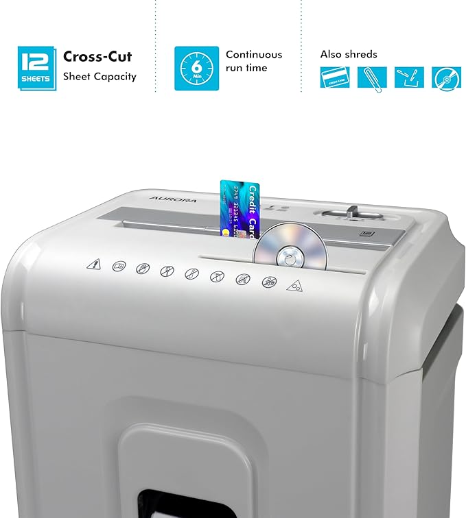 Aurora Anti-Jam 12-Sheet Cross-Cut Paper/CD and Credit Card Shredder with 4 Gallon Pullout Basket/Security Level P-4