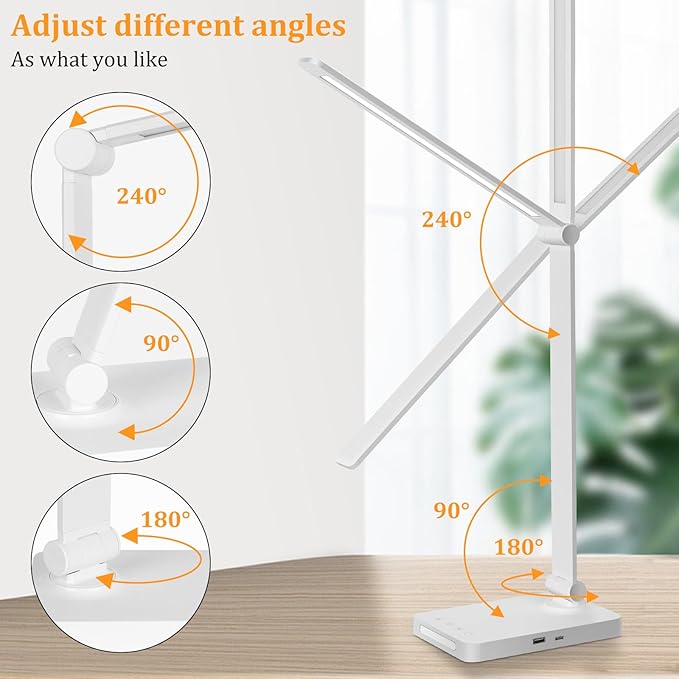 Dott Arts LED Desk Lamp with USB Ports,Touch Desk Lamps for Home Office with 5 Color Modes,3 Brightness Desk Light with Small Night Light,Reading Lamp Table LED Lamp for Bedroom Bedsid Study White
