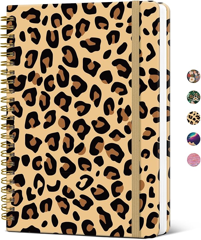 Lined Spiral Journal Notebook for Women, Pretty A5 College Ruled Hardcover Notebook for Work & Note Taking, Cute Aesthetic Journal for Writing, 140 Pages, Leopard