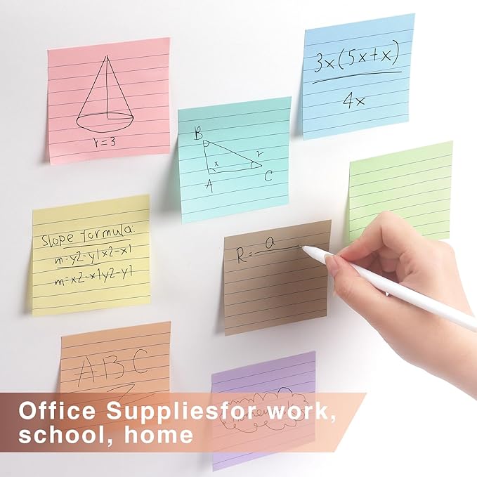 Lined Sticky Notes 3x3 Inch, 8 Pack, Light Colors, Premium Self-Adhesive Notepads, 640 Sheets, for Office, School & Home Use, Easy to Use, Reusable & Removable