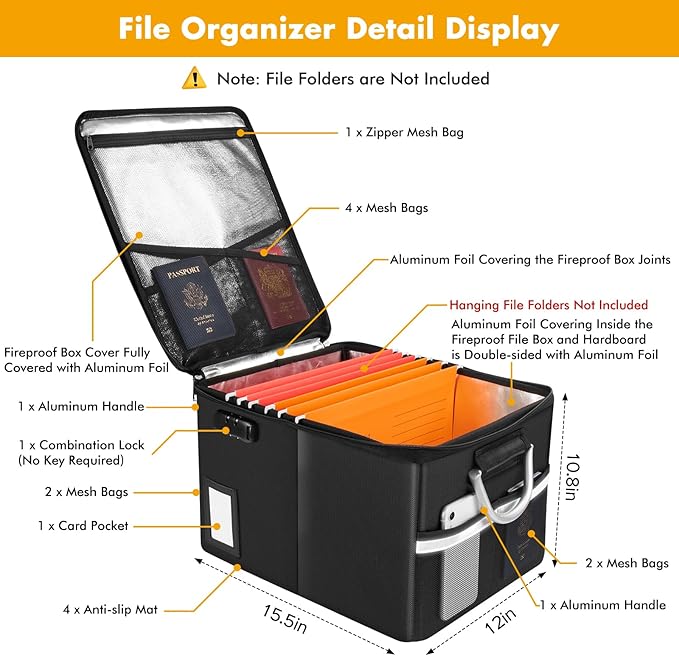 TOMKID 5200°F Fireproof Document Box, Fire Important Document Organizer with Lock, Upgraded Heat Insulated Filing Storage Cabinet Office Organization (5200°F Fireproof Box, Black)