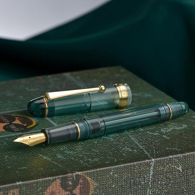 Asvine V126 Vacuum Filling Fountain Pen Transparent Teal Acrylic, Medium Nib Large-Capacity with Gift Case
