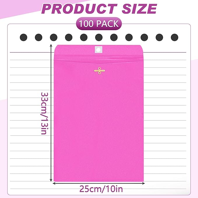 Geyee 100 Pcs Clasp Manilla Envelopes 10 x 13 Inch Gummed Colored Envelopes for Storing or Mailing for Home Office Business Supplies(Rose Pink)