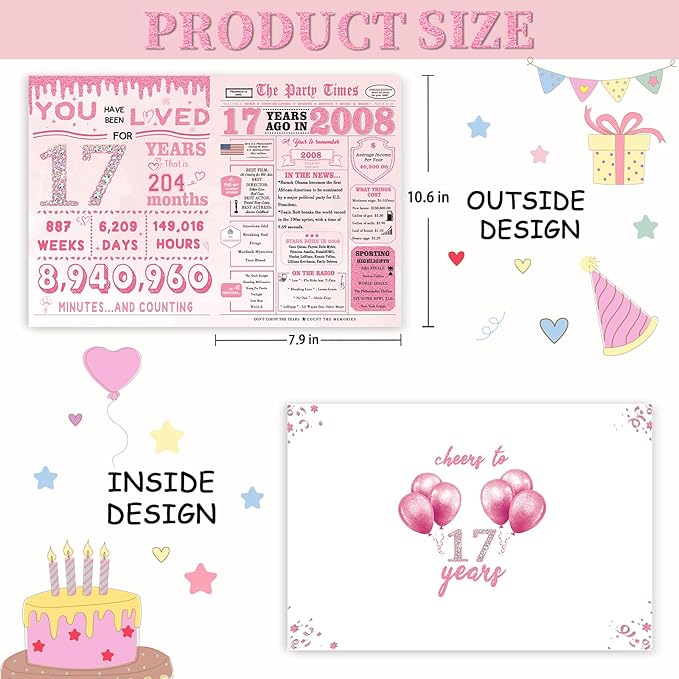 17th Birthday Decorations for Girls，17 Year Old Girl Birthday Gift Ideas，17th Bday Card，17 Year Old Bday Decorations for Daughter Granddaughter Niece