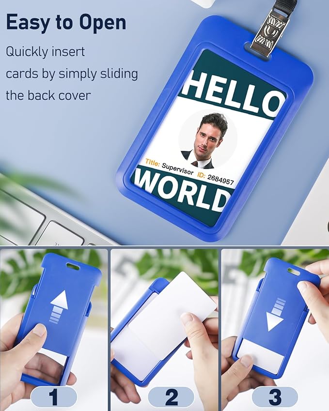 Uniclife 1 Pack Sliding ID Badge Holder Vertical Hard Plastic Case with Clear Window Blue Card Protector Pouch for Office School ID Credit Cards Proximity Key Cards Driver’s Licenses and Passes