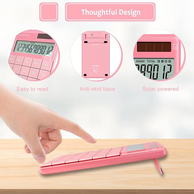 VEWINGL Laptop Keyboard Calculator 12 Digit,Dual Power Battery and Solar,Desk Calculator with Large LCD Display for Office,School, Home & Business Use,Tablet Button,Automatic Sleep.6.5 * 4 in (Pink)