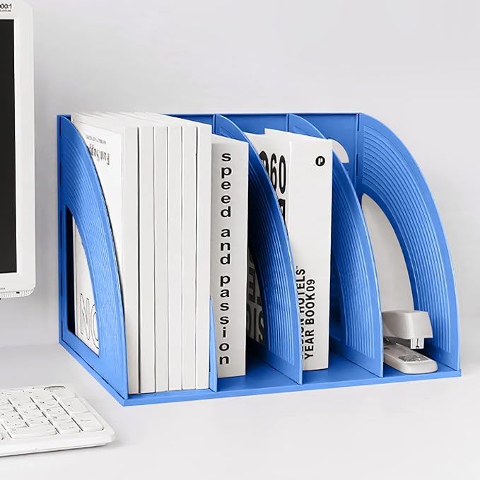 SAYEEC File Holder Storage Folder 4 Compartment Standing Desktop Hollow Organizer Blue Files Shelf Frame Thicken Plastic Paper Notebook Magazine Bookstore for Office School Supplier Students
