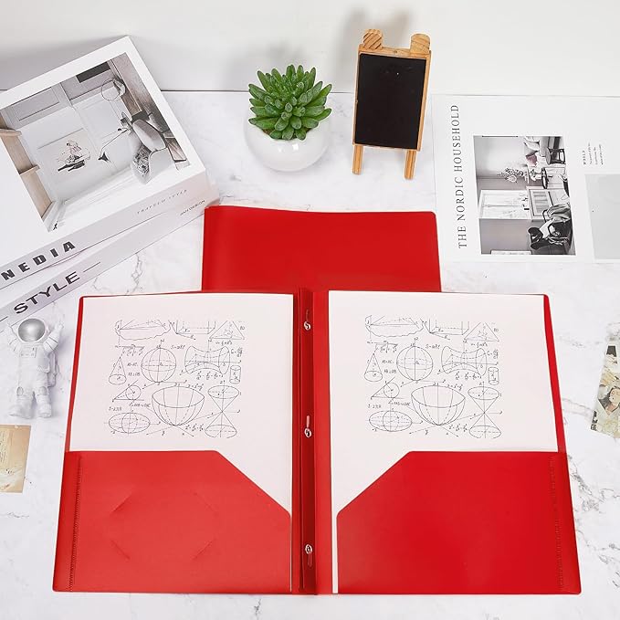 Yeaqee 60 Pcs Plastic Folders with Pockets and Prong Plastic Folders with 2 Pockets Pocket for Office, School for Students, Teachers, Office Workers (Red)