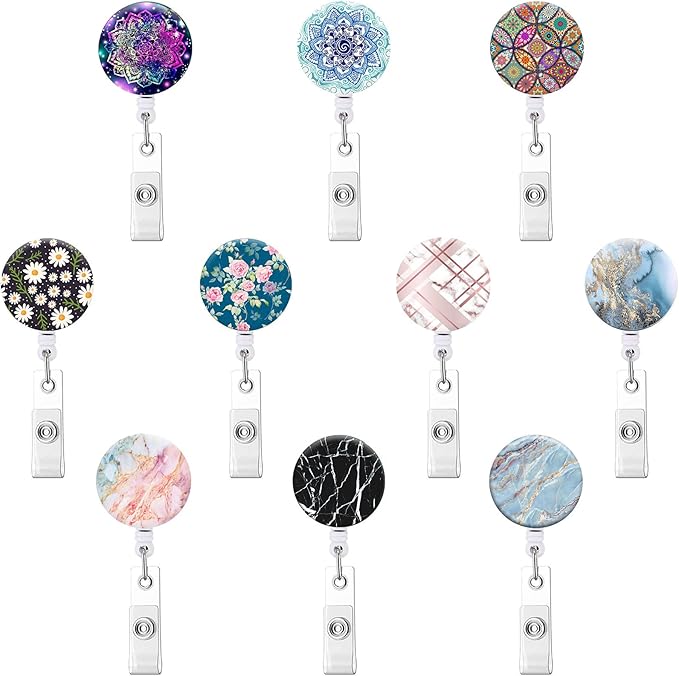 Retractable ID Badge Holder Nurse Badge Reels with Clip Name Card Holders for Office Worker Doctor Nurse (Marble and Flower 10 Pieces)