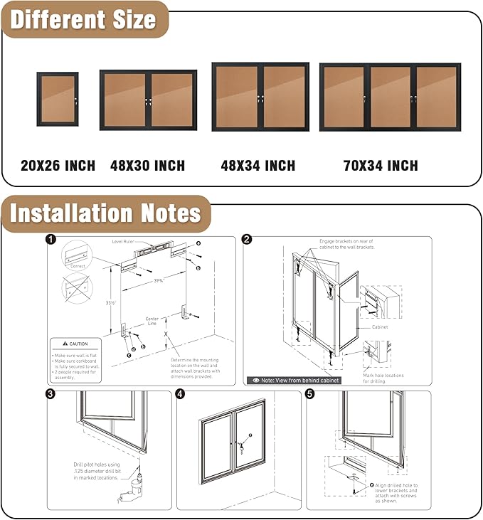 48"x34" Enclosed Bulletin Board, Outdoor Lockable Weather-Resistant Aluminum Cork Noticeboard for School & Office, Black Frame w/Cork