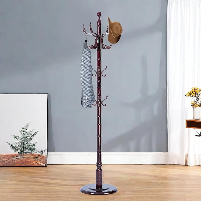 Solid Wood Coat Rack – 72" Freestanding Coat Racks Stand with 14 Hooks & Stable Base, Adjustable Height Modern Wooden Hall Tree for Entryway, Bedroom, Office, Home (Mahogany Phoenix Hook)