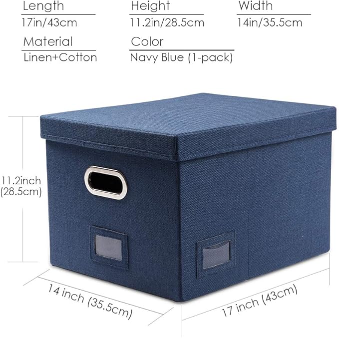 PRANDOM File Organizer Box - Set of 1 Collapsible Decorative Linen Filing Storage Hanging File Folders with Lids Office Cabinet Letter/Legal Size Navy Blue (17x14x11.2 inch)