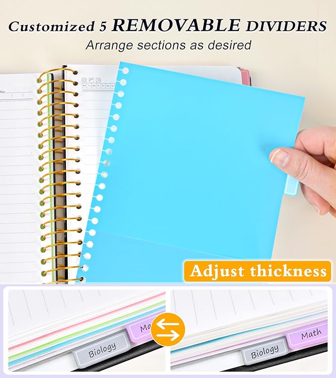 5 Subject Notebook College Ruled with Removable Pocket Dividers Tabs, 240 Pages Spiral Notebook 8.5 x 11, Lined Journal Notebook for Women , Hardcover Notebooks for Work School Note taking A4 Black