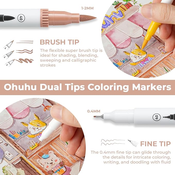 Ohuhu Markers for Adult Coloring Books No Bleeding 120 Colors Coloring Markers Water-based Dual Tips Fineliner & Brush Drawing Pens Art Markers for Kids Adults Sketch Journal - Maui - White
