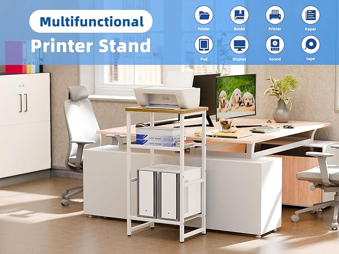 3-Tier Heavy-Duty Printer Stand – Multi-Functional Office Organizer with Wood Top, Perfect for Desk Underneath Storage,White with Burlywood Board