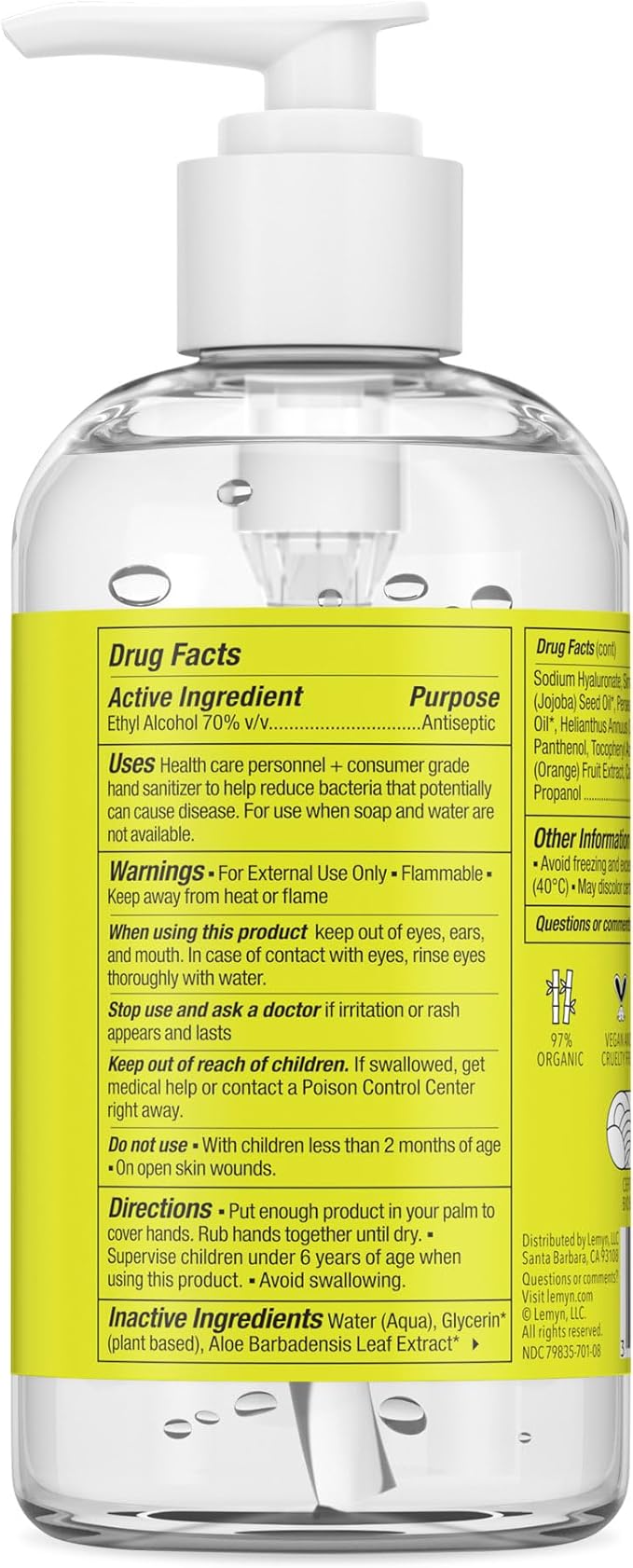 Medical Grade Hand Sanitizer Gel - 97% ORGANIC - 8 FL.OZ. with PUMP (PACK OF 12)