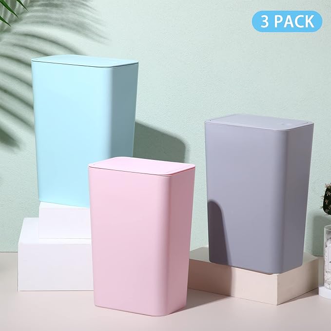SHPMXUPW 3 Pack Bathroom Small Trash Can with Lid,10L / 2.6 Gallon Slim Garbage Bin Wastebasket with Pop-Up Lid for Bedroom, Office, Kitchen, Craft Room, Fits Under Desk/Cabinet/Sink