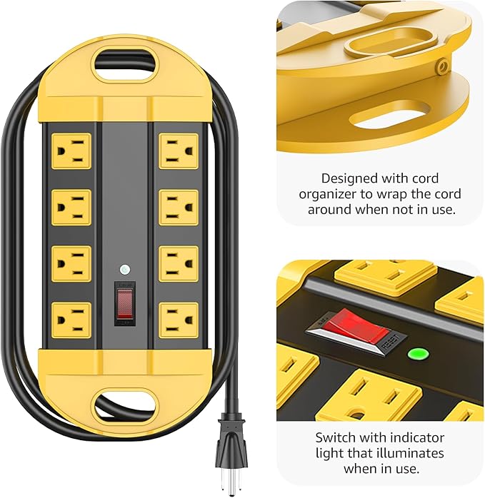 CCCEI Heavy Duty Power Strip Surge Protector, Metal 8 Outlets Power Strip for Appliance. Garage Shop Industrial Workbench 15 AMP Outlets Strip. 10FT Extension Cord. Set