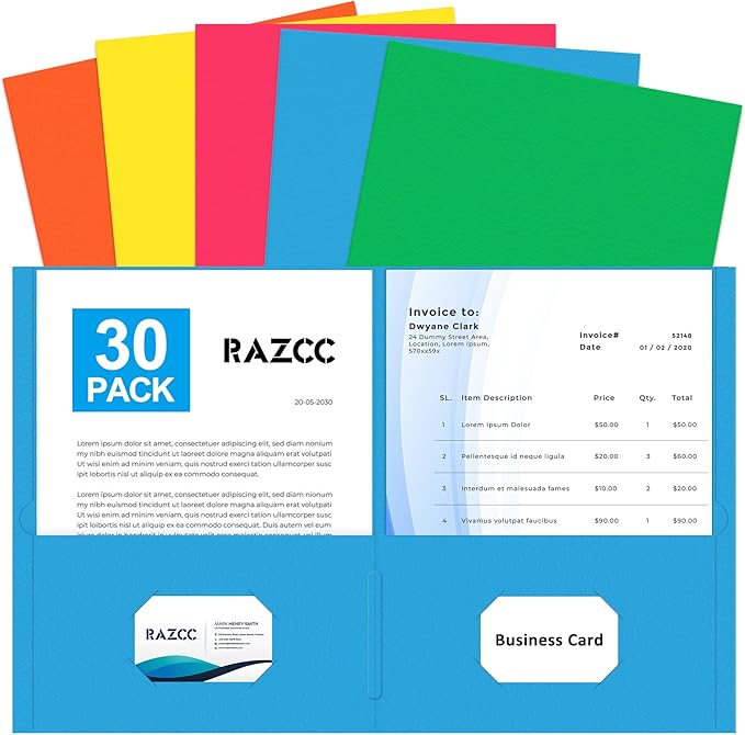 Two Pocket Folders, RAZCC 30 Pack File Folders with Pockets Fit Letter Size Paper, Thick Paper File Folder for School Office Business Home, Assorted 5 Colors