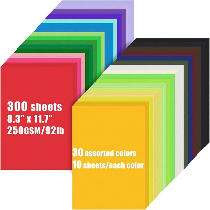 300 Sheets Colored Cardstock Bulk, 30 Assorted A4 Cardstock Paper 250gsm Colorful Card Stock, 8.3 x 11.7 Thick Double Sided Printed Cardstock for DIY Art Craft Scrapbooking Making School Party