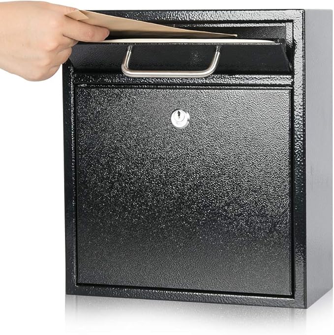KYODOLED Steel Key Lock Mail Boxes for Outside, Locking Wall Mount Mailbox, Security Key Drop Box,12H x 10.51L x 4.68W Inches, Black Large