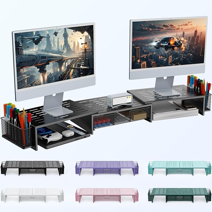 gianotter Computer Dual Monitor Stand Riser For Desk, Desk Organizers And Accessories With Drawer And 2 Pen Holder For Office, Home, School Supplies (Black)