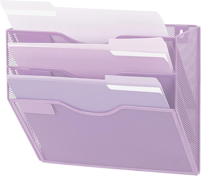 EASEPRES 3 Pocket Mesh Hanging Wall File Organizer, Wall Mounted Mail Paper Document Folder Holder, Clipboard Storage Organization Magazine Rack with Nametag Label for Office Home School, Light Purple