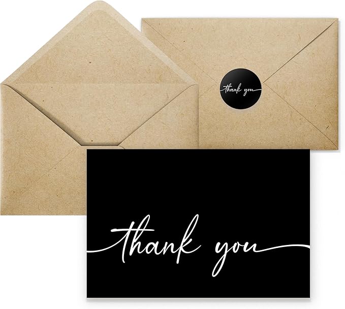 Bulk Pack of 20 Thank You Cards with Envelopes & Stickers, Black Thank You Cards 4x6 Inches - Suitable for Business, Baby Shower, Wedding, Small Business, Graduation, Bridal Shower, Funeral