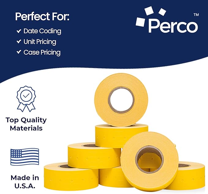 Perco 1 Line Yellow Labels - 8 Rolls, 1 Sleeve, 8,000 Blank Price and Date Gun Labels for Perco 1 Line Price and Date Guns - Made in USA