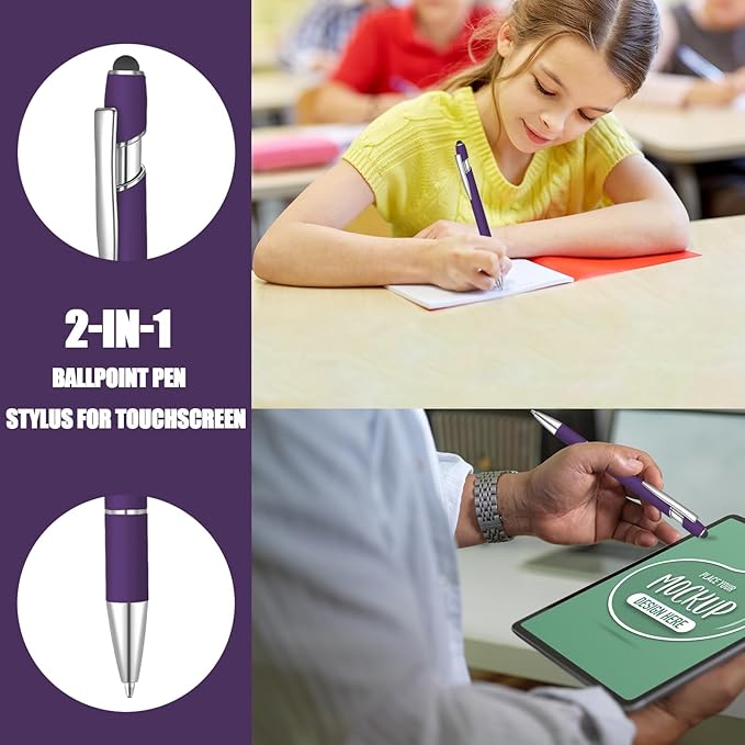 24 Pcs Blue Ink Ballpoint Pen with Stylus Tip 2 in 1 Ballpoint Pen 1.0 mm Blue Ink Metal Stylus Pen for Touch Screens Coworkers, Family, Colleagues, Office (Deep Purple)