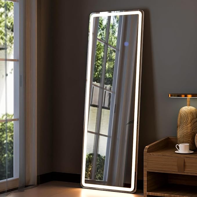 64"x21" Full Length Mirror with LED Lights, Lighted Full Body Mirrors, Aluminum Frame Mirror with Dimming & 3 Color Lighting, Hanging Mounted Mirrors for Bedroom Dressing Room Cloakroom