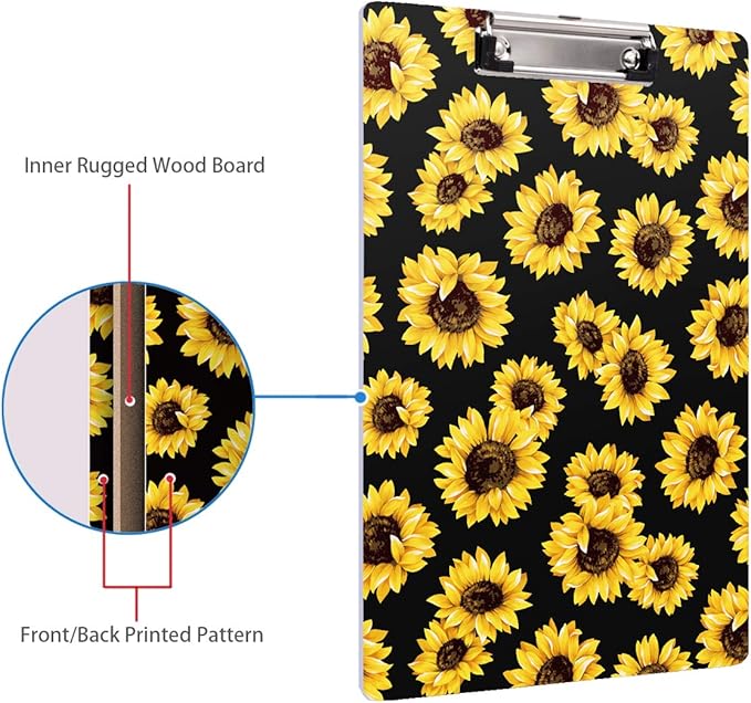 WAVEYU Clipboard, Cute Clipboard for Office, Decorative Clipboard with Low Profile Clip Design for Women Girl, Retractable Key Hole for Hanging Paperboard for Office School 12.5''x 9'', Sunflower