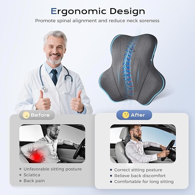 Coverado Car Lumbar Support Pillow and Car Neck Pillow Kit, Ergonomic Design Car Headrest Pillow for Driving, Relax Back Head Muscles Relieve Driving Fatigue, Breathable & Removable Cover, Gray