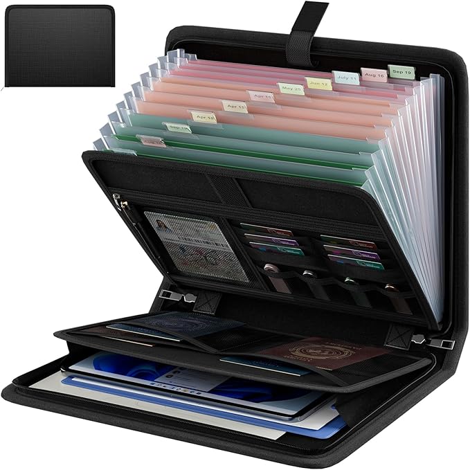 Huolewa Fireproof Accordion File Organizer, Portable Expanding File Folder with Waterproof Zipper&Labels, Black Document Organizer with 13 Pockets, File Organizer for Important Document/Paper Storage