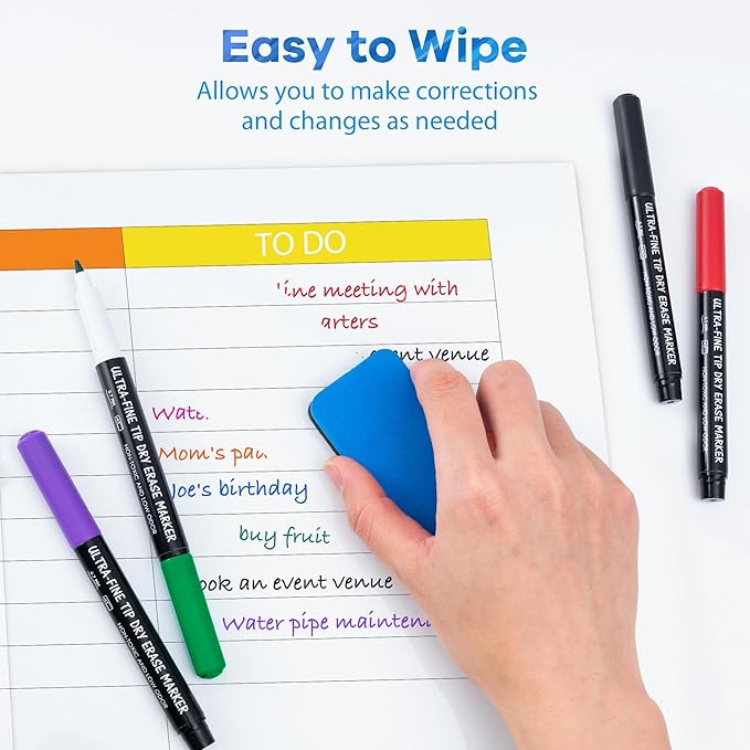 maxtek Dry Erase Markers Ultra Fine Tip, 0.7mm, Low Odor, Assorted Colors, 12 Count, Whiteboard Markers for Planning Whiteboard, Calendar Boards, Back to School Supplies