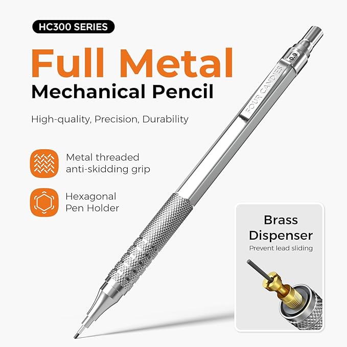 Four Candies Metal Mechanical Pencil Set, 3PCS Art Drafting Pencils 0.5, 0.7, 0.9MM & 2PCS 2MM Mechanical Drawing Pencils with 420PCS Leads (4B 2B HB 2H Color) for Writing Sketching Drawing (Silver)