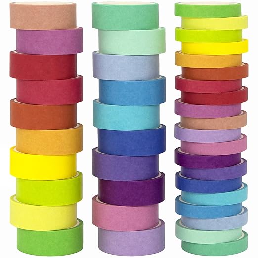 WAPETASHI Washi Tape Set 40 Rolls, 2 Sizes Rainbow Decorative Tape, Colored Washi Tape, Art Craft Washi Tape for Journaling, Scrapbooking Supplies, 15mm 7.5mm Wide Washy Tape