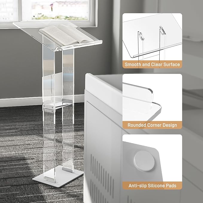 HMYHUM Acrylic Podium Stand, Clear Lecterns & Pulpits for Classroom, Weddings, Churches, Speech, with Storage Shelf, Metal Base, 23.6" L x 15.7" W x 46.1" H, Modern