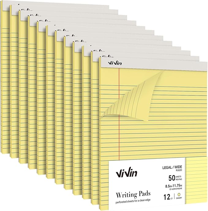 ViVin Legal Pads 8.5 x 11 Inch, Wide Ruled Note Pads, 12 Pack, 50 Sheet/Pad, Perforated Writing Pads, Notepads for Office Home School, 600 Sheets (12 Pack of 50), Canary Yellow Paper