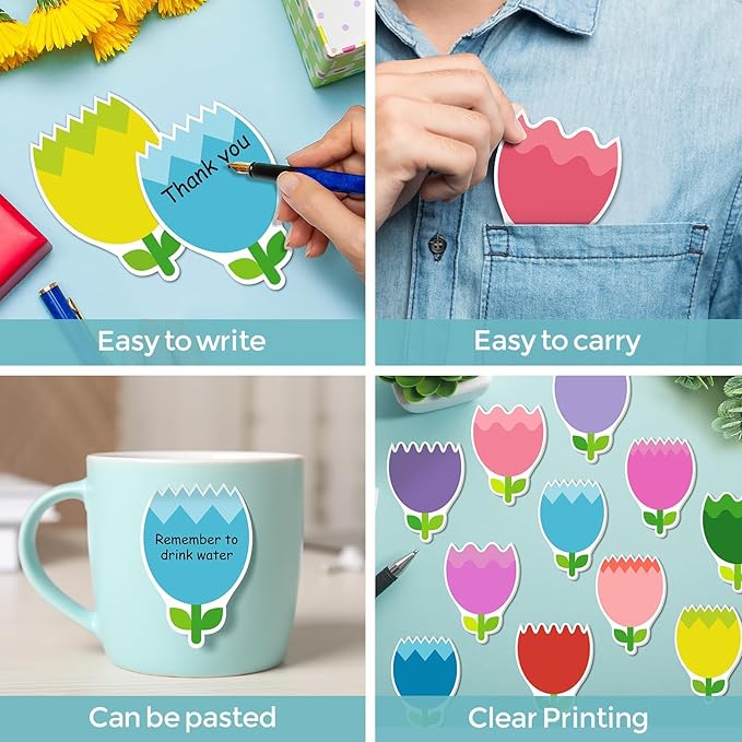 48 Pieces Spring Flowers Sticky Notes Tulips Florals Notes Pads Self-Adhesive Cute Flowers Sticky Memo Notes for Spring School Office Home Supplies Students Teachers Present