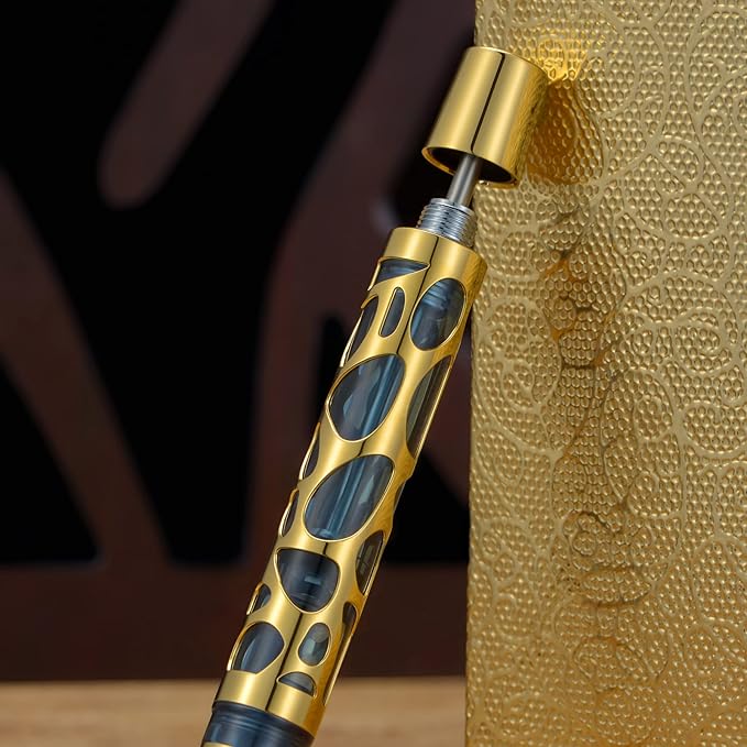 Asvine V169 Vacuum Filling Fountain Pen Extra Fine Nib, Water Drop Skeleton Gold Trim Transparent Gray Blue Acrylic Pen Case Set
