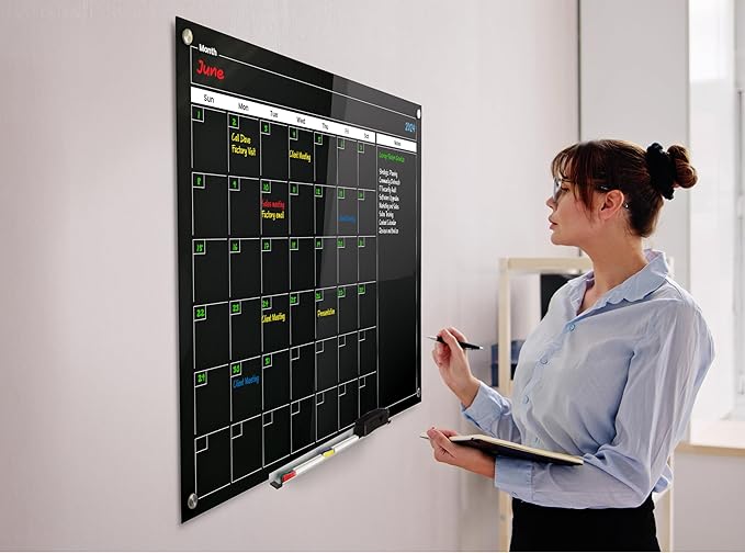 Real Glass Dry Erase Monthly Calendar, Giant Size 34" x 46", Tempered Glass Surface, Frameless Wall Mount, with 4 Assorted Color Markers and Eraser, by Better Office Products (Jet Black)