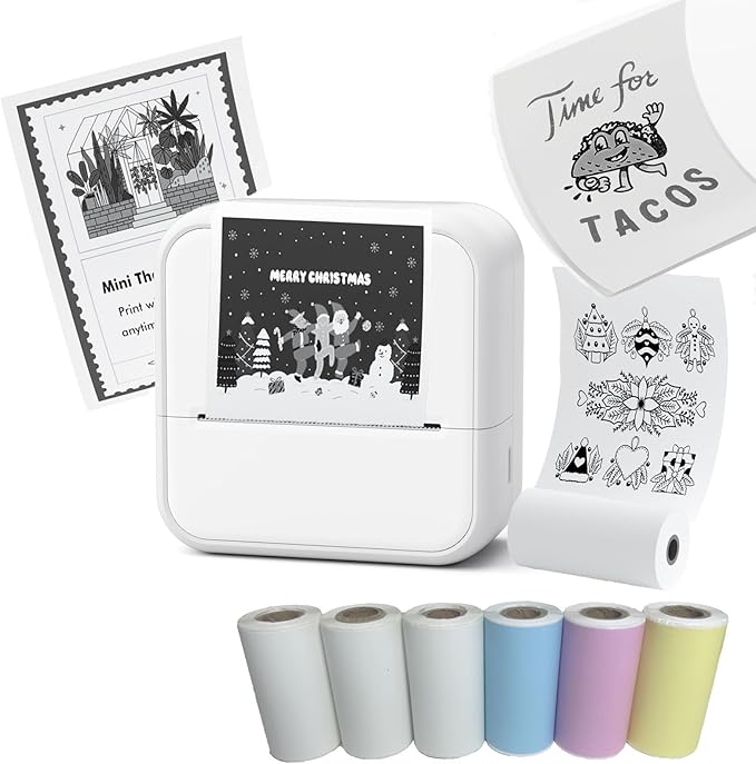 Mini Printer Sticker Printer Bluetooth for Phone Portable Thermal Print for Photo,Note,Journal,Memo,with 6 Rolls Thermal Paper（White）