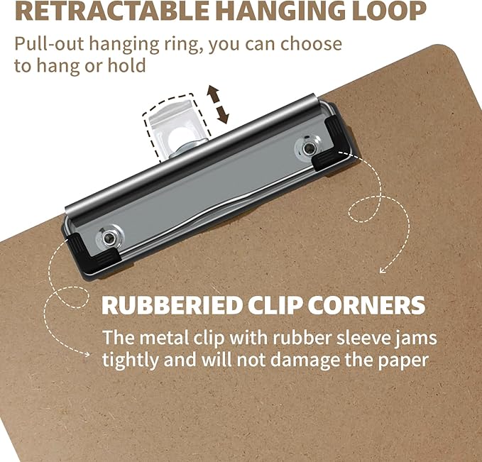 24 Pack Clipboards Bulk, Standard A4 Letter Size Wooden Hardboard Office Clipboard for Classroom, Work-Meetings, with Low Profile Clip, 12.5 x 9 Inch