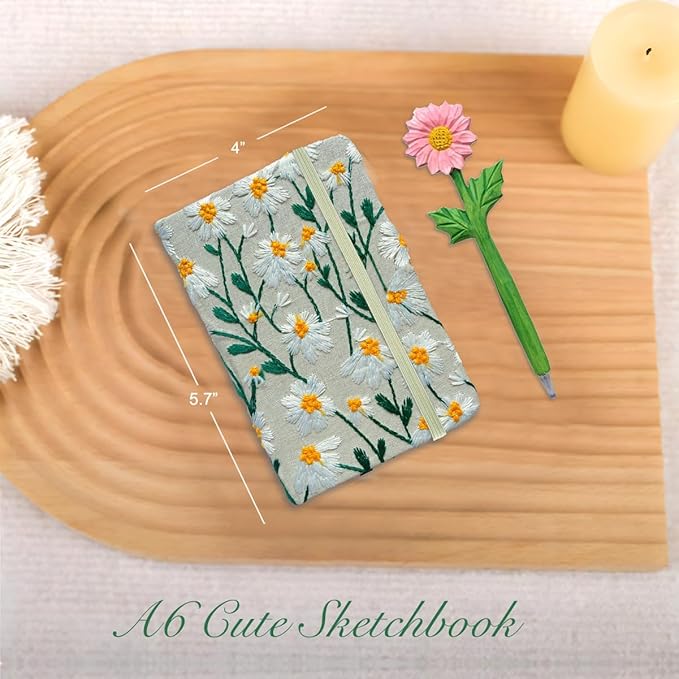 Pocket Journal, Small Notebook, A6 Sketchbook, 4x6, Unlined, Flower Embroidered Notebook, Blank, Hardcover, Lay Flat, Elastic Band, Beautiful Journal, Daisy Gifts for Women, White Daisy