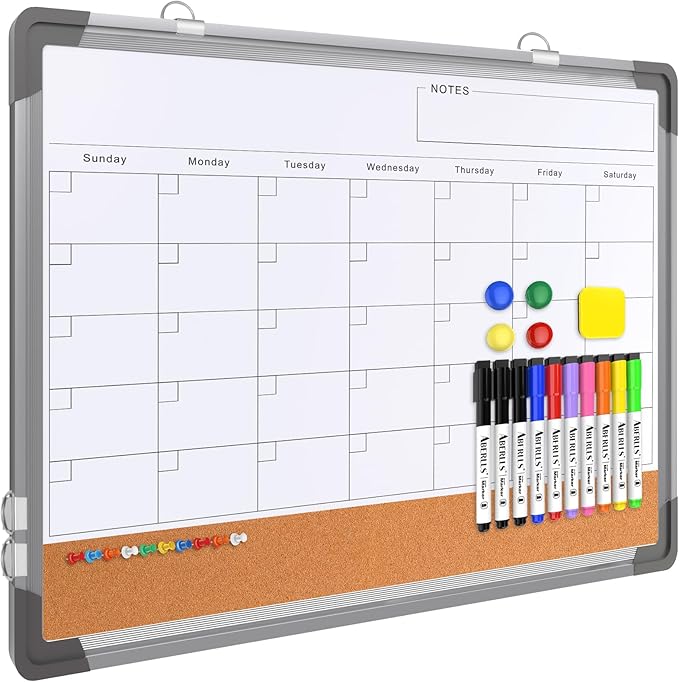 Monthly Calendar Whiteboard Dry Erase Cork Board Combination for Wall, 24"x18" Magnetic Dry Erase Board, Double-Sided White Board, Portable Board for Office, Kitchen, Planning, Memo, School, Home