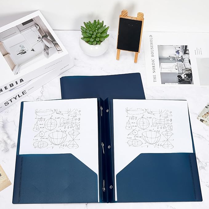 Lincia 100 Pcs Plastic Folders with Pockets and Prong Folders with Prongs Plastic Folders with 2 Pockets Pocket Folders for Office, School for Students, Teachers, Office Workers (Navy Blue)
